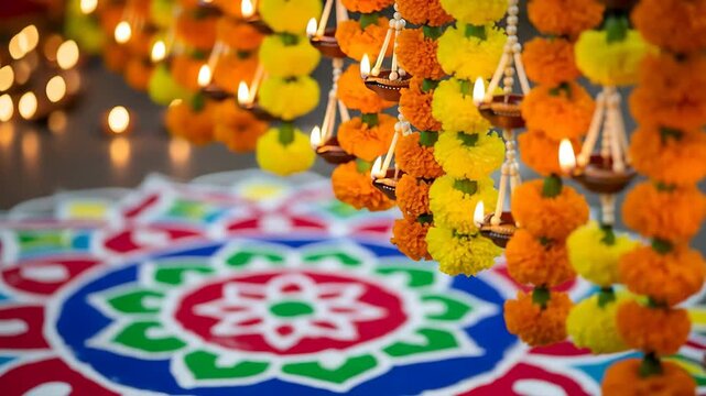 raditional Diwali Decoration with Marigold Flowers and Oil Lamps