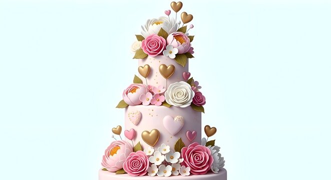 Elegant Three-Tiered Cake Adorned with Floral Decorations and Golden Hearts.