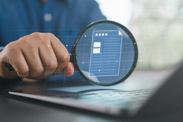 Businessman inspection paperwork with magnifier. A business analysis concept.