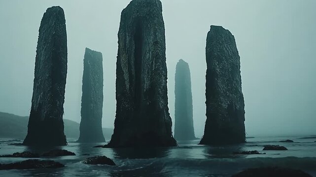 Dark monolithic rock formations rise majestically from misty ocean with ancient mystical atmosphere for dramatic seascape mystery nature exploration concept