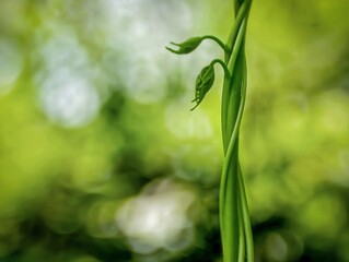 Delicate Green Vines Twisting Towards Light. 
Two tender green vines entwine gracefully as they reach upward toward the sunlight in a peaceful natural setting.