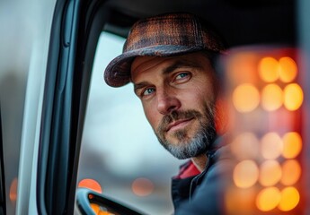 Man with beard and blue eyes wearing a brown patterned hat and dark jacket sitting in the driver's seat of a vehicle looking out the window with a calm and thoughtful expression