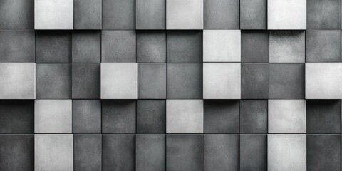 Monochrome abstract pattern of raised and recessed square tiles creating a geometric textured wall with varying shades of grey and visible concrete details