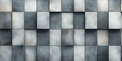 Close-up view of a wall covered with large square tiles in varying shades of gray with subtle rust and textured surfaces creating a modern industrial look