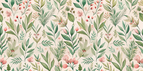 A vibrant floral pattern featuring green leaves and delicate pink and peach flowers.