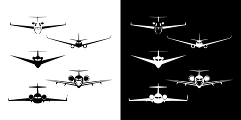 Plane airplane front silhouette icon flat logo set graphic