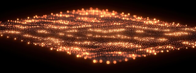 Glowing orange dots arranged in a wave-like grid pattern floating in dark space conveying a sense of digital data flow and dynamic energy