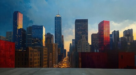 City skyline at sunset with tall skyscrapers reflecting golden and red hues, street lights glowing along the avenue, calm evening atmosphere