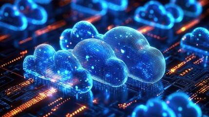 Digital representation of multiple glowing blue cloud icons with data points arranged on a futuristic circuit board emitting orange lights, symbolizing cloud computing technology