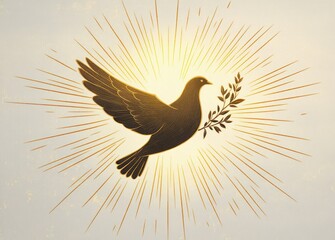 Obraz premium dark silhouette of a flying bird carrying an olive branch surrounded by radiant golden light rays on a neutral background evoking peace and hope