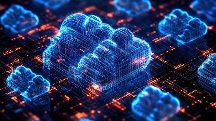 Digital representation of multiple translucent blue cloud shapes over a dark circuit board with glowing orange and red lights conveying data flow and cloud computing technology