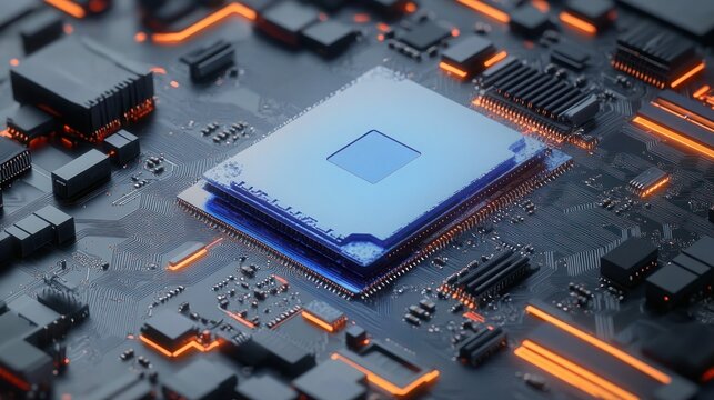 Close-up of a glowing computer microchip on a circuit board with illuminated pathways and electronic components showing advanced technology and precision