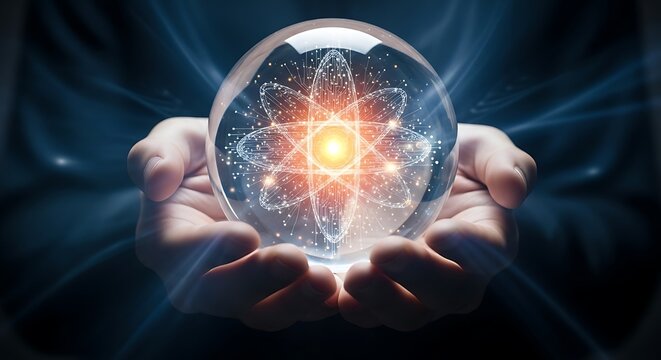Visionary hands hold a mystical crystal ball revealing a luminous atomic structure, symbolizing the future of science and technology