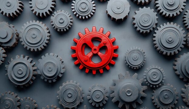 A collection of gray gears with one prominent red gear in the center conveying contrast, uniqueness, and leadership in mechanical components