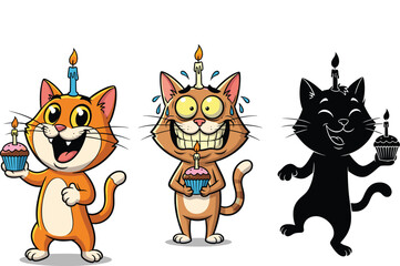Obraz premium Funny Cartoon Cat Celebrating Birthday with Cupcake and Candle Vector Set