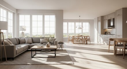 Bright and airy modern living room and dining area with abundant natural light and elegant furnishings for a comfortable lifestyle