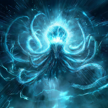 Cosmic Octopus Fantasy: Alien Surrealism in Blue Underwater Dimension with Ethereal Glow and Celestial Mythical Creatures in Abstract Art Scenery