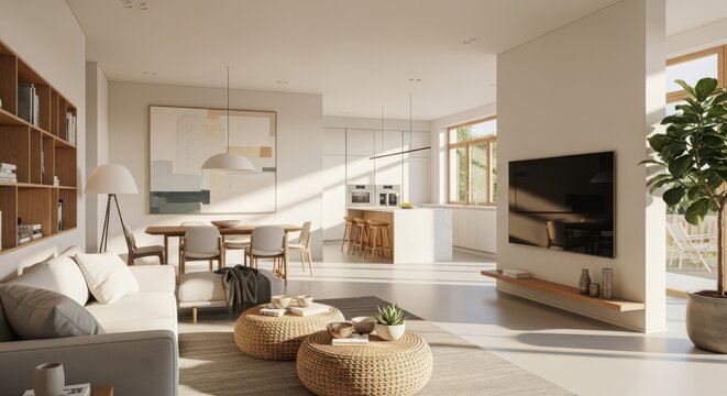 Bright modern living and dining area featuring a sectional sofa and sleek kitchen with natural light.