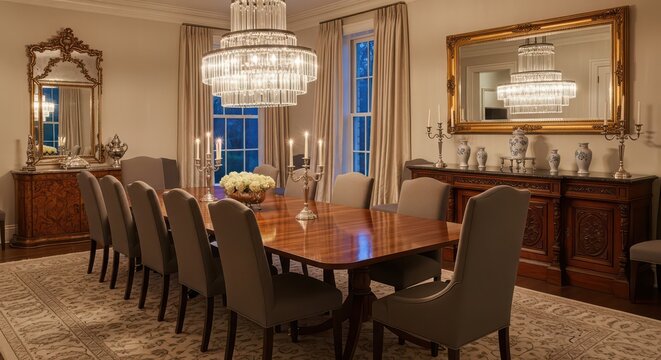 Elegant dining room with large wooden table opulent chandelier plush chairs and ornate mirrors perfect for sophisticated gatherings
