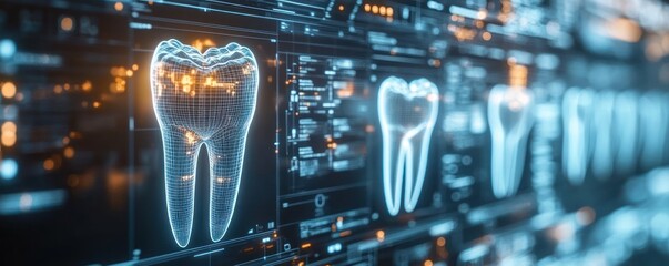 Futuristic digital display of transparent 3D tooth models with glowing highlights and technical data in blue and orange hues