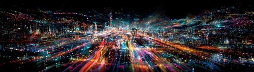 Long Exposure Cityscape at Night with Light Trails and Vibrant Colorful Urban Lights illuminating the Sky