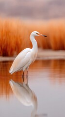 Obraz premium A Solitary White Egret Stands in Shallow Golden Water Reflecting its Image Amidst Dry Orange Reeds Under Soft Evening Light