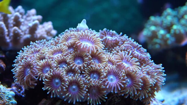 Delicate slow motion movement of coral polyps extending and retracting on a vibrant underwater reef habitat, underwater, marine