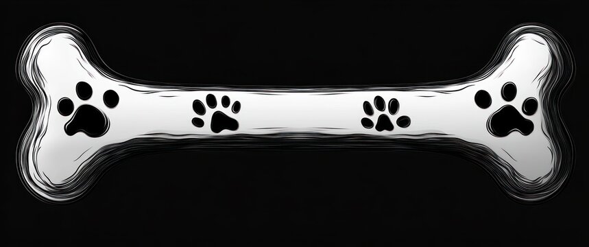 White stylized dog bone with four black paw prints on a black background, simple and bold design conveying pet-related theme - Powered by Adobe