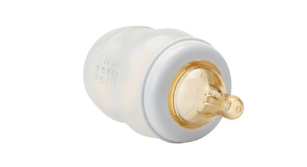 Baby bottle isolated on transparent background, designed for feeding infants with milk or formula, featuring a nipple and volume markings