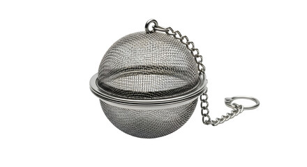 Tea infuser isolated on transparent background, a spherical mesh device with a chain, used to steep loose tea leaves in a cup or teapot for flavor