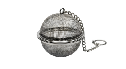 Tea infuser isolated on transparent background, a spherical mesh device with a chain, used to steep loose tea leaves in a cup or teapot for flavor