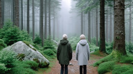 Two Travelers Walking Through a Misty Forest Path Surrounded by Tall Pine Trees and Lush Greenery on an Overcast Day