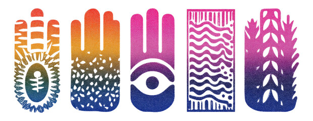 Obraz premium Colorful Abstract Hand Shapes with Unique Patterns on Transparent Background