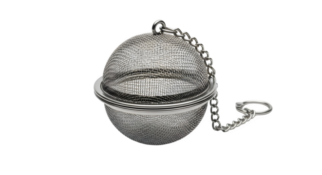 Tea infuser isolated on transparent background, a spherical mesh device with a chain, used to steep loose tea leaves in a cup or teapot for flavor