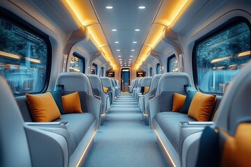 Fototapeta premium Inside view of a modern, empty train car featuring gray cushioned seats with orange and gray decorative pillows under warm ambient lighting and large windows