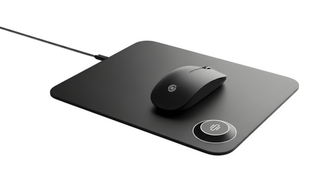 Wireless computer mouse on a charging mousepad isolated on transparent background, providing seamless power and precise control for enhanced productivity