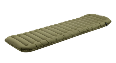 Olive green inflatable sleeping pad isolated on transparent background, providing comfort and insulation for camping and outdoor adventures