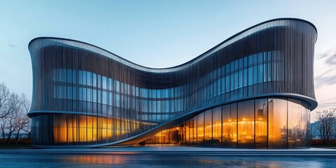 Fototapeta premium modern curved glass building with reflective windows and illuminated interior lights at dusk surrounded by bare trees and calm environment