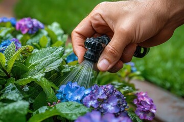 Close-up view of a hand watering vibrant blue and purple hydrangea flowers with a garden hose nozzle in a lush green garden