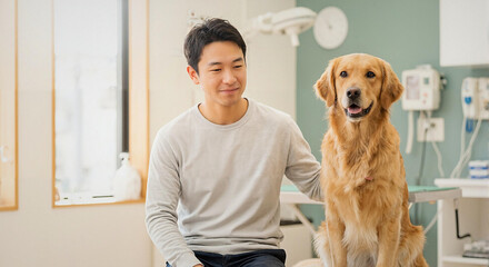 ペット保険の安心イメージ｜動物病院の診察室で穏やかに座るゴールデンレトリーバーと飼い主の男性、自然光のやわらかな雰囲気・心温まる表情・健康診断・予防接種・保険加入-生成AI