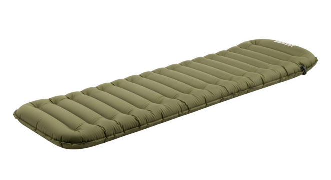 Olive green inflatable sleeping pad isolated on transparent background, providing comfort and insulation for camping and outdoor adventures