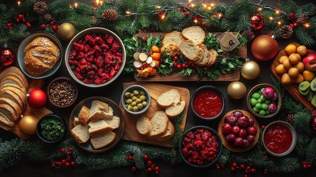 Festive holiday table with a variety of breads, olives, fresh fruits, baked rolls, sauces, and nuts surrounded by green pine branches and decorative ornaments with warm lights