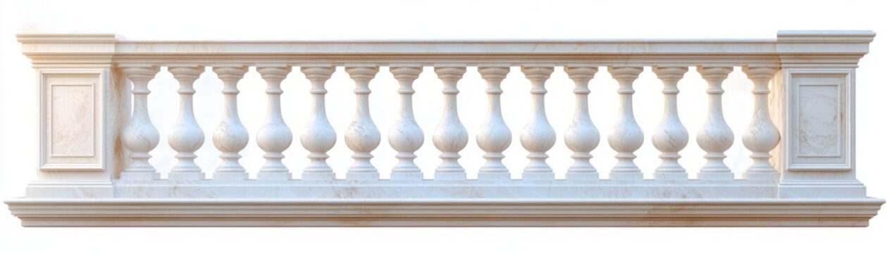 white marble balustrade with classical balusters and decorative end panels illuminated by soft sunlight