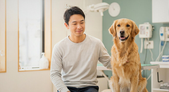 ペット保険の安心イメージ｜動物病院の診察室で穏やかに座るゴールデンレトリーバーと飼い主の男性、自然光のやわらかな雰囲気・心温まる表情・健康診断・予防接種・保険加入-生成AI