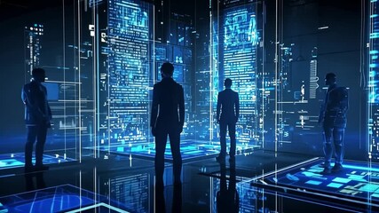 professionals interact with glowing blue digital information on transparent holographic screens in high tech futuristic virtual environment for data analysis innovation technology concept - Powered by Adobe
