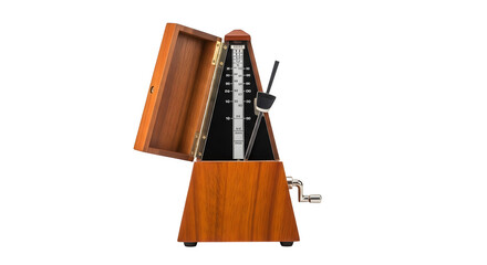 Vintage metronome isolated on transparent background, a classic timekeeping device for musicians, with its pendulum poised to swing, evoking rhythm and precision