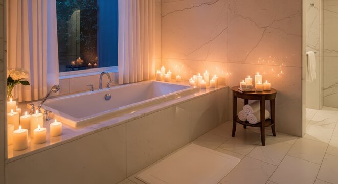 Luxurious bathroom spa ambiance featuring a soothing bathtub surrounded by warm candlelight and elegant decor for ultimate relaxation - Powered by Adobe