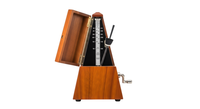 Vintage metronome isolated on transparent background, a classic timekeeping device for musicians, with its pendulum poised to swing, evoking rhythm and precision