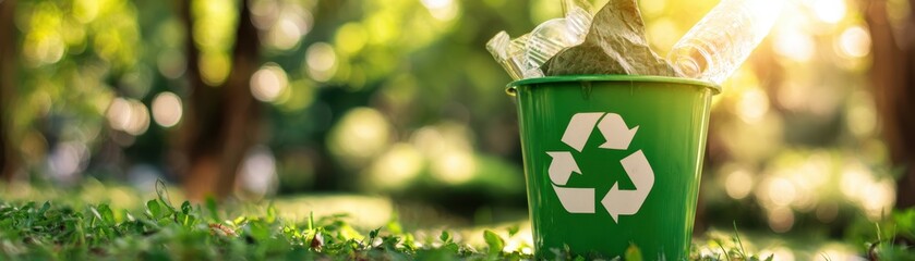 Eco friendly reusable green recycling bin outdoors on grass with sunlight filte through trees in background for environmental conservation