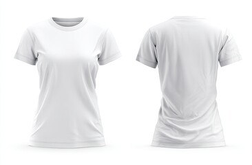 White, fitted t-shirt, front/back view, shadowed on white